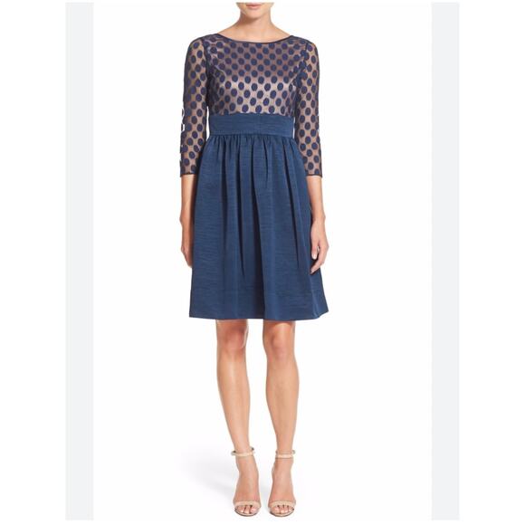 Eliza J Women's Navy Blue Polka Dot Mesh Bodice Dress 3/4 Sleeve Size 2 - Picture 3 of 10